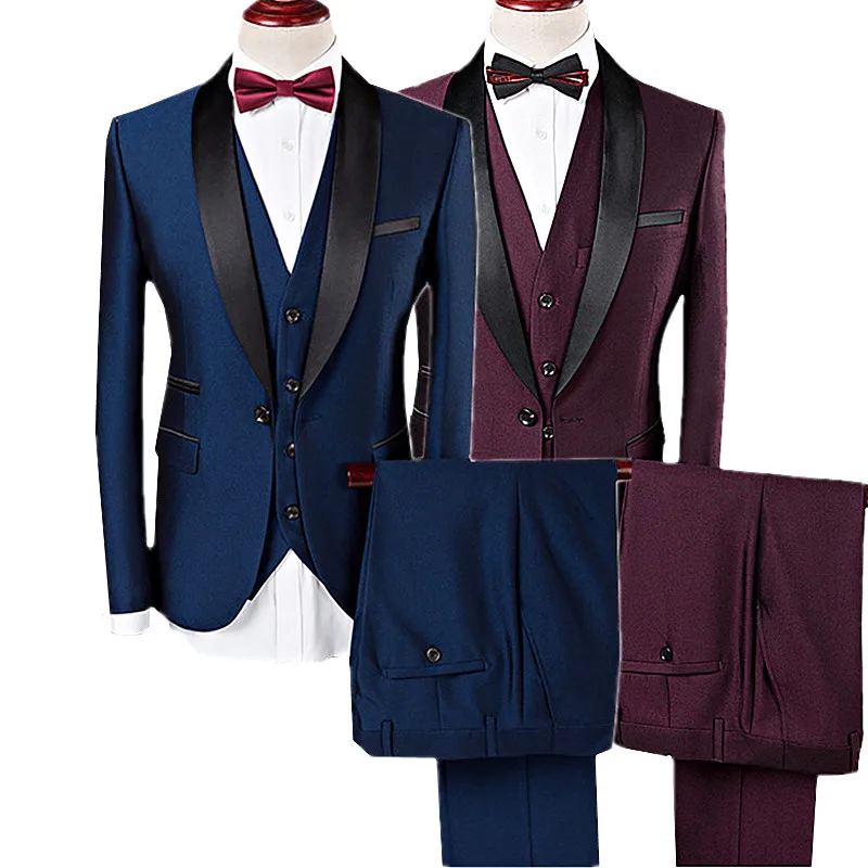 Высококачественный мужской костюм комплект из 3 предметов синий винно-красный