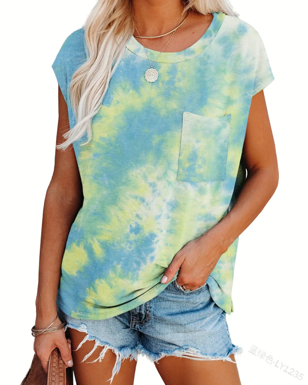 

Женская рубашка с коротким рукавом, Свободный Повседневный пуловер контрастной расцветки с круглым вырезом и завязкой, летняя трендовая мн...