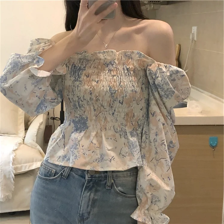 

Large Size off-Shoulder Waist Chiffon Shirt for Plump Girls Design Sense Niche Short French Gentle Floral Top Fashion