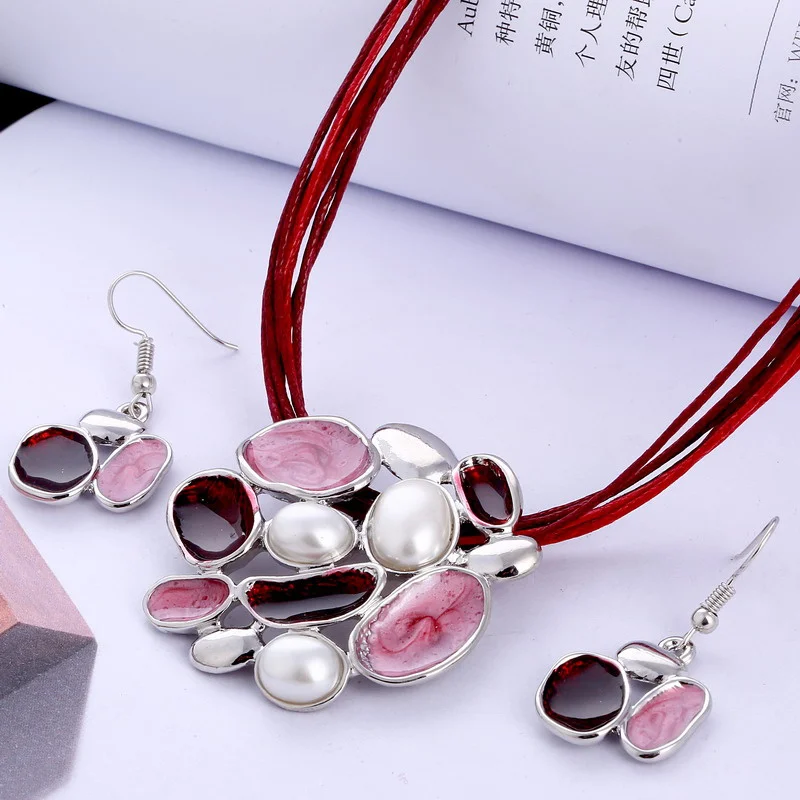 

Multicolor Round Pearl Diamond Jewelry Set for Women Tree Drop Earrings Stainless Steel Silver Plated Adjustable Necklace Pendan