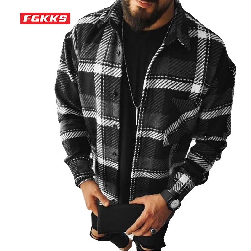 Мужская клетчатая рубашка FGKKS кофта с длинными рукавами и отложным воротником