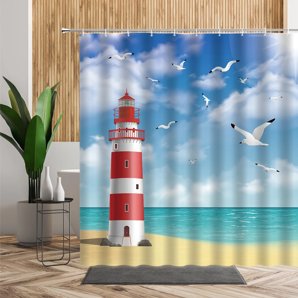 

Summer Beach Scenery Shower Curtain Lighthouse Seagull Beach Background Bathroom Decoration Waterproof Bath Curtains With Hooks