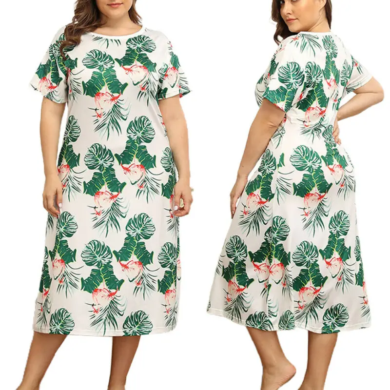 

Womens Ladies Leaf Print Short Sleeve Crew Neck Midi Casual Loose Dress Plus
