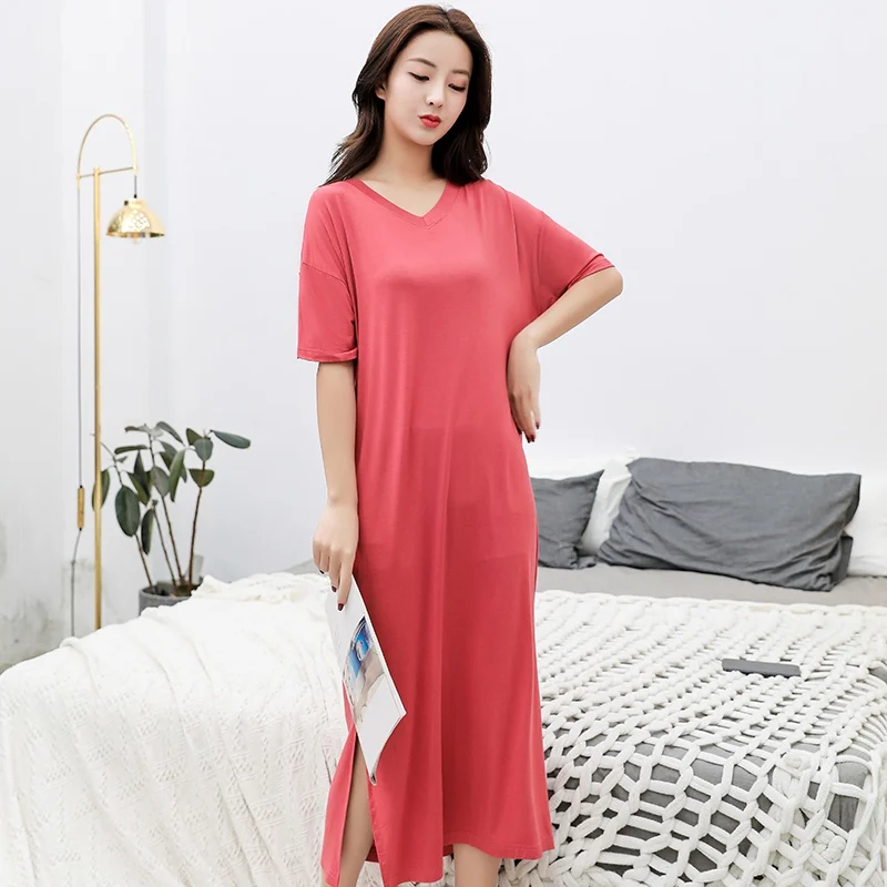 

2019 Women Loose Modal Nightdress Short Sleeve Nightgowns Large Size Long Night Dress V-Neck Soft Homen Sleep Dress10 Colors