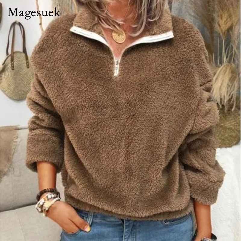 

Осенне-зимние новые модные толстовки, Женская Повседневная Свободная куртка, однотонные женские толстовки с отложным воротником и бархатн...