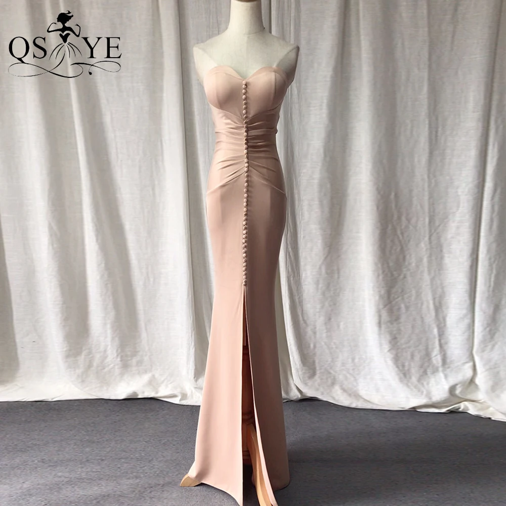 

QSYYE Front Split Champagne Mermaid Long Prom Dress 2021 Elastic Ruched Evening Dress Buttons Formal Gowns Party Sweetheart