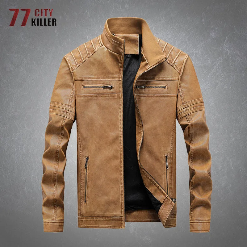 

Water Wash Leather Jacket Men Autumn Stand Collar Slim Multi-Pockets Coats Male Casual Motorcycle Bike PU Jackets Big Size 6XL