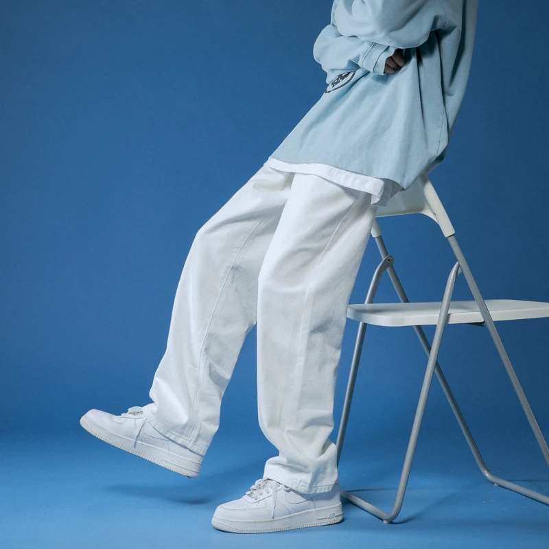 

Men's Solid Color Straight Harem Jeans White/Black Korean Man Loose Denim Trousers Streetwear Male Casual Pants 6Colors