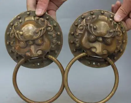 18 см китайская Бронзовая резная маска фэн шуй Голова Статуя дверь Лев молоток