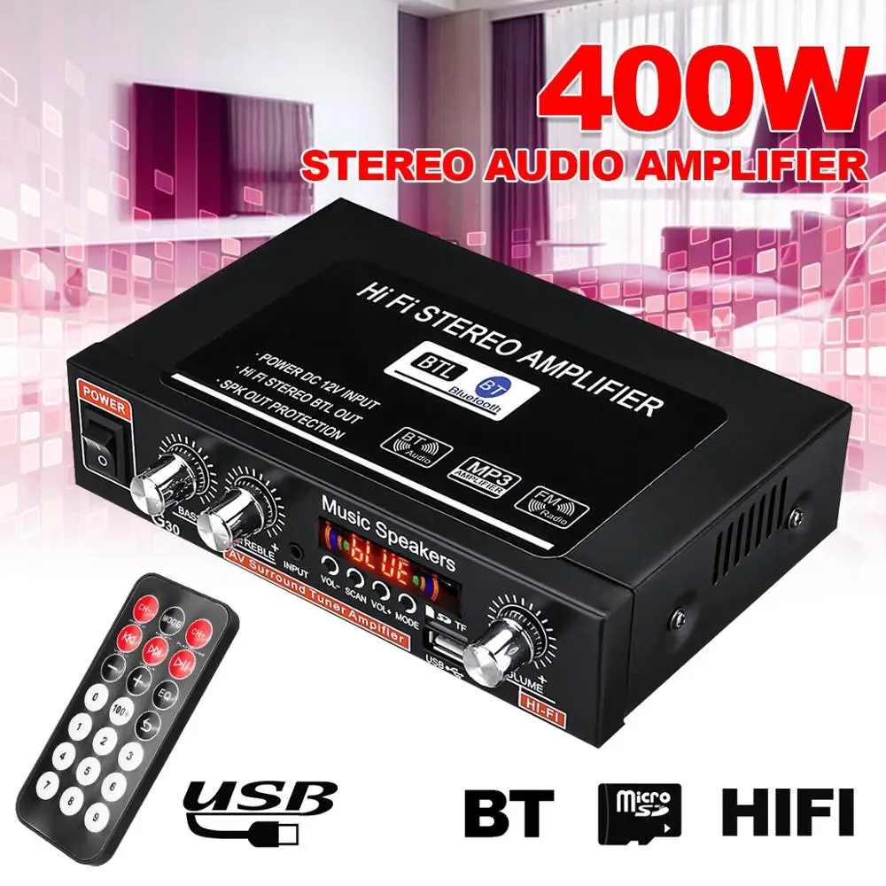 

Мини-усилитель звука G30, 12 В/220 В, 360 Вт, bluetooth, стерео усилитель мощности, FM, SD, Hi-Fi, 2 канала, аудио, музыкальный плеер для автомобиля и дома