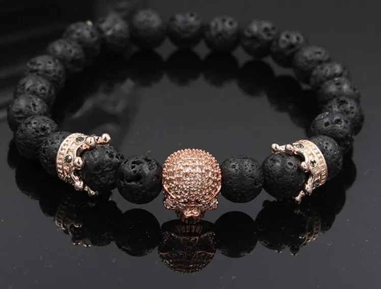 

8mm utujr3 gold silver crown black stone volcanic lava skull micro pave cz zircon cubic zirconia Bracelet Yoga Reiki Chakra