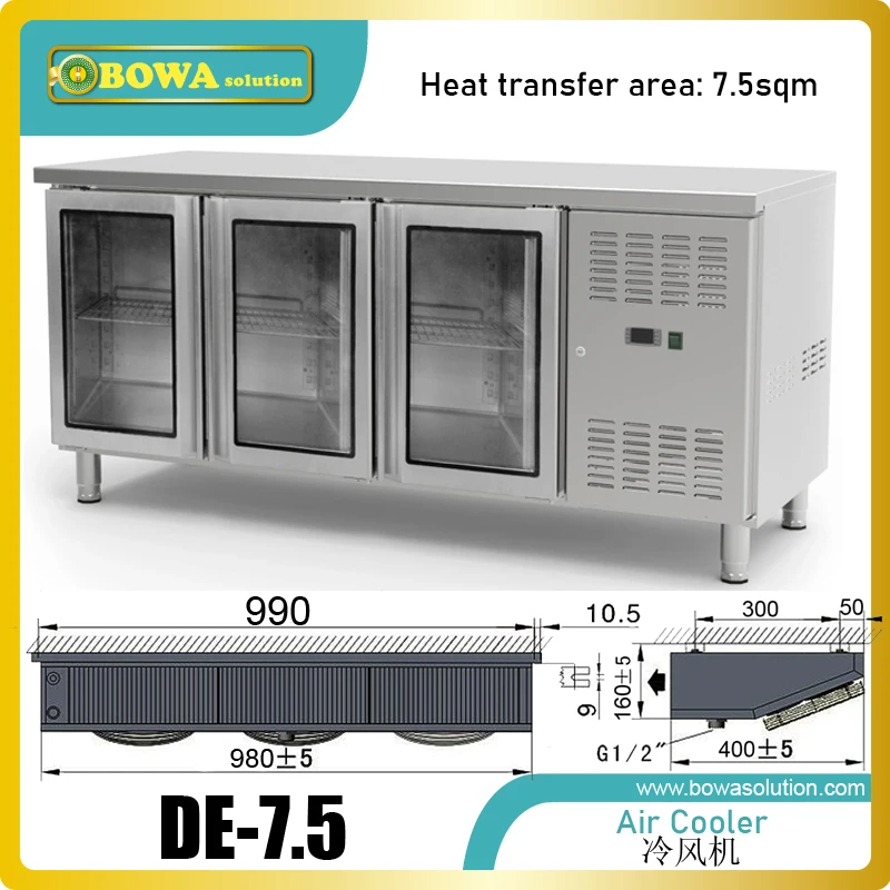

3/4 to 1.5HP air cooler with 7.5sqm heat transfer area is great choice for walk-in air chambers, cold room or cubic containers