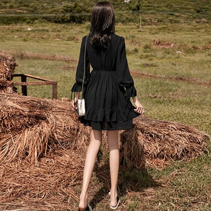 

Women's Spring Autumn Chiffon Dress Women's Ruffles V-Neck Long Sleeve Lace Up Elegant Sweet Dress AA3493