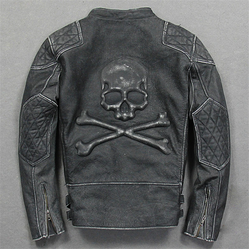 

2021 DHL Free Shipping Male Genuine Leather Skull Jacket Motor Biker Vintage Pattern Jacket Men Luxury Cowhide Leather Coat
