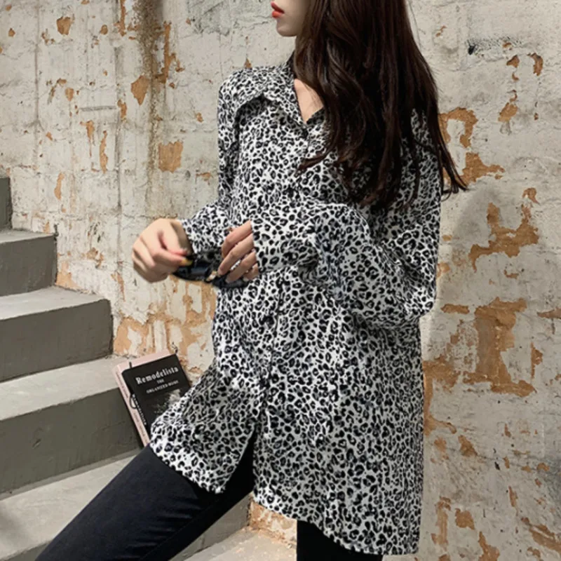 

#0401 Long Blouses Sleeves For Women Casual Loose Chiffon Womens Leopard Printing Blouse And Tops Plus Size XL Korean Clothing
