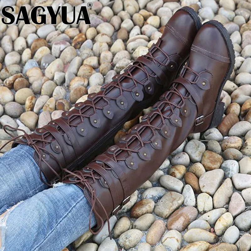 

High Boots Women's Knee High PU Leather Chelsea Boots Winter Punk Fashion Snow Platform Plus Size Female Shoes Lace-up Botas