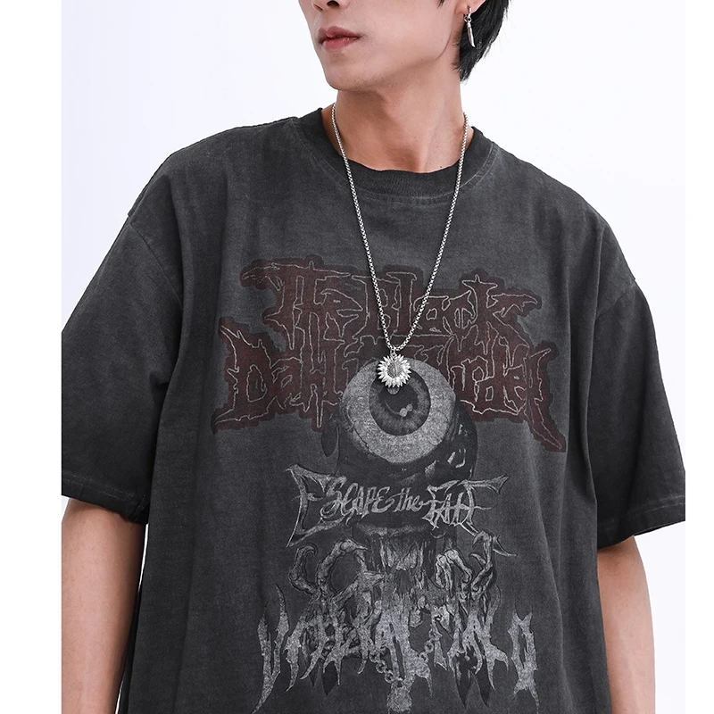 

HTJ Men T Shirt Hip Hop 2021 Dark Streetwear Tshirt Evil Eye Print Harajuku Summer Short Sleeve T-Shirt Cotton Oversize