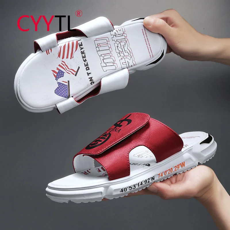 

CYYTL Red Chinese Printed Men Slippers Summer Shoes Casual Beach Outdoor Sandals Non-slip Thick Sole Open Toe Chausson Homme