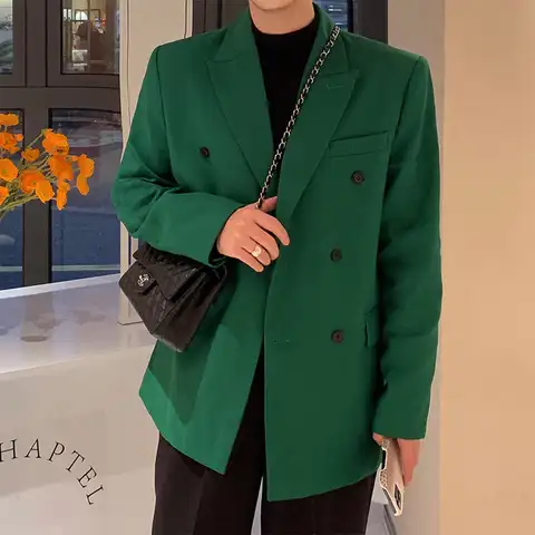 Блейзеры мужские черно-зеленые, двубортные куртки оверсайз, Модная стильная одежда в Корейском стиле, свободная необычная одежда