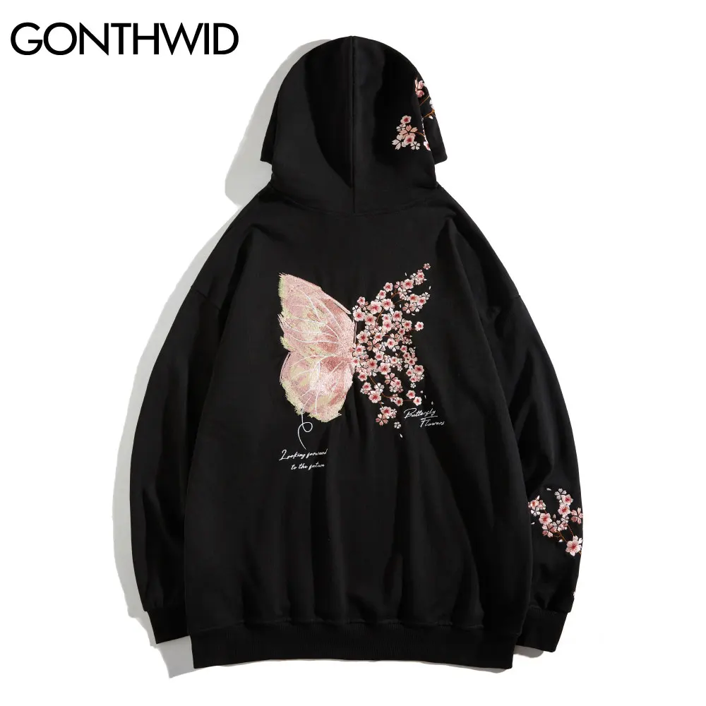 

GONTHWID Hip Hop Sweatshirt Hoodie Mens Harajuku Embroidered Cherry Blossom Butterfly Hooded 2021 Cotton Pullover Hoodie Black