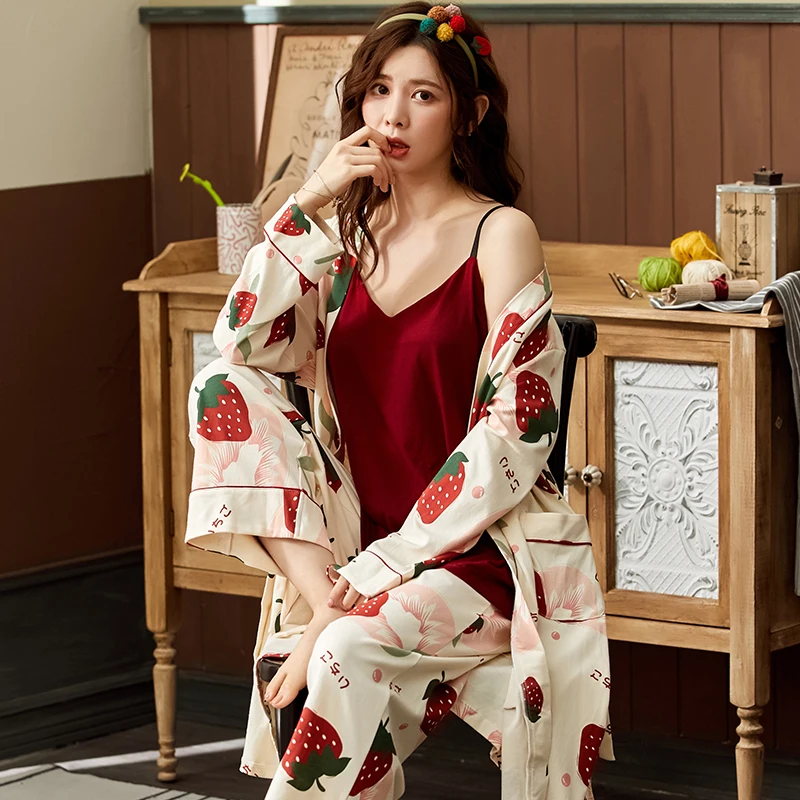 

Strawberry Print Pajama Sets Women Pyjama Cotton Soft Pijama Feminino PJ Women Girls Sleepwear Soft Clothes For Home Suit Kimono