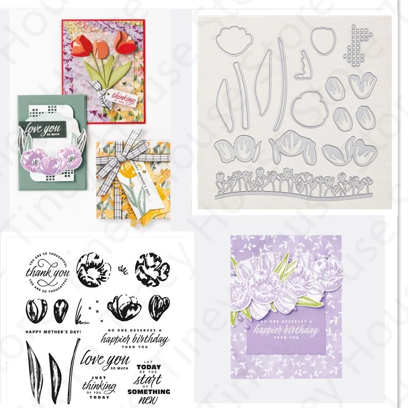 

FLOWERING TULIPS Pattern Metal Cutting Dies and Clear Stamps For Diary Decoration Making Greeting Card Scrapbooking New Arrival