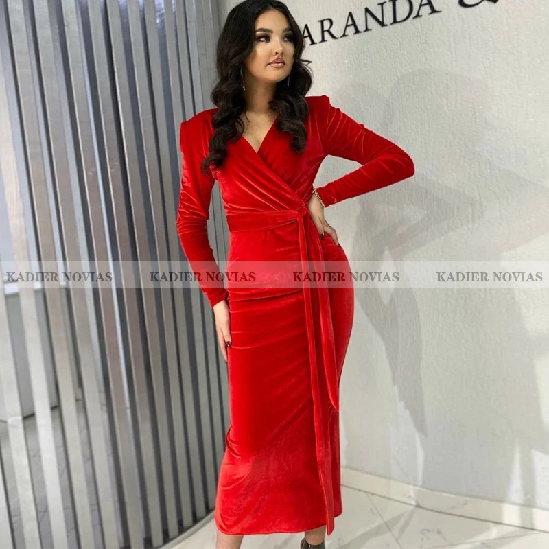 

Kadier Novias Ankle Length Long Sleeves Red Velvet Evening Dress 2021 V Neck Robe Soiree Femme Vestidos Formales