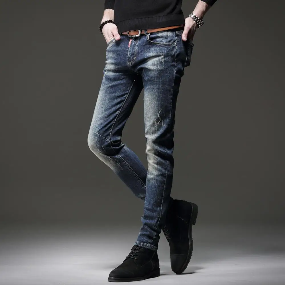 Autumn New Men's Vintage Blue Stretch Jeans Casual Cotton Slim Fit Denim Pants