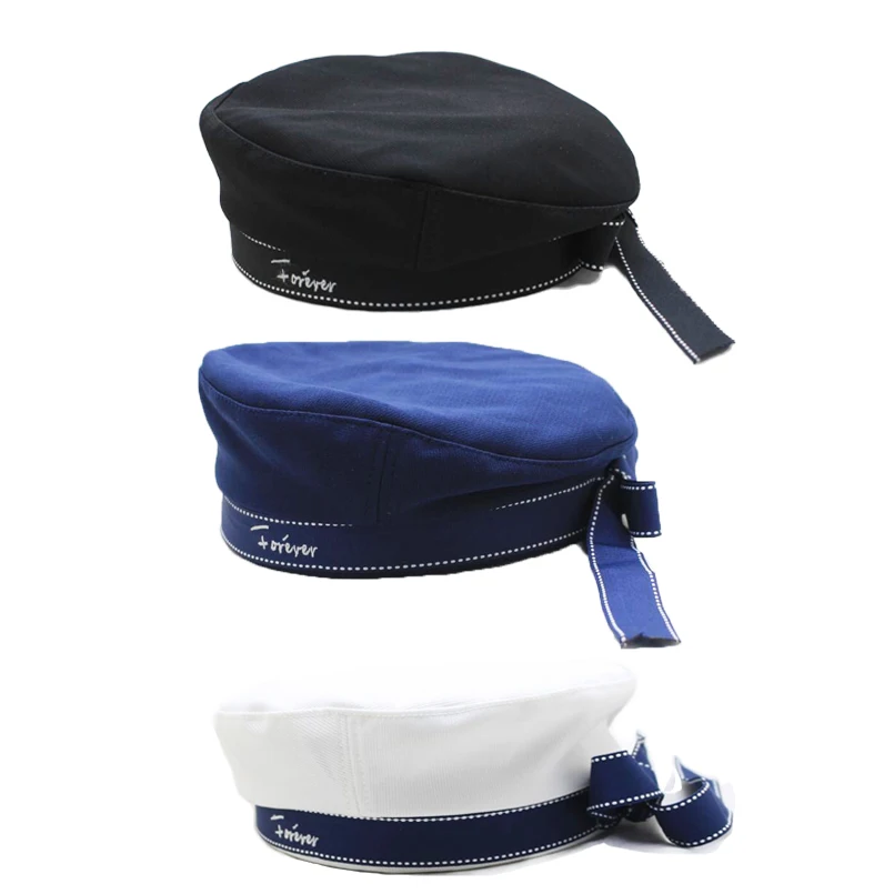 Hat Beret Hat Navy Hat White Women Cap Military Beret Riband Blue White Letters Sailor Hat Boat Cap Men Women Beret Cotton Caps