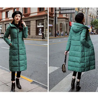 Light-green Длинное плотное тонкое теплое пуховое пальто с капюшоном, женское повседневное однотонное пальто с карманами на молнии, зимняя хлопковая верхняя одежда для женщин размера плюс, пальто, куртки - Цвет: Light-green