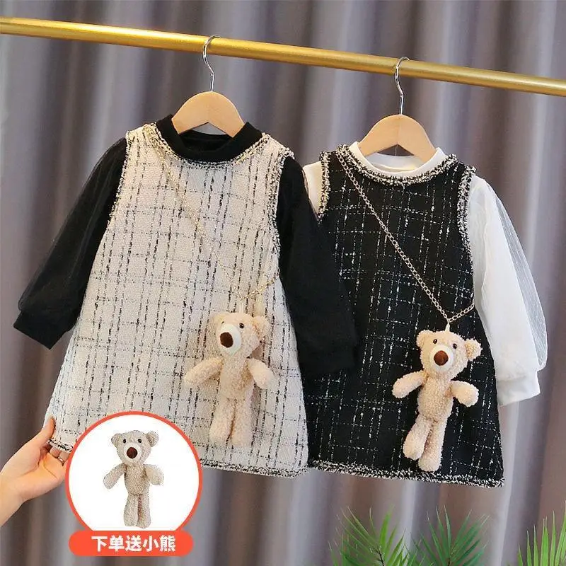 

Baby Girl Fashion Clothing Set Sweaters+Plaid Dress+Cute Bear,Kids Girls Spring Autumn Elegant Suits Children Clothes Wear