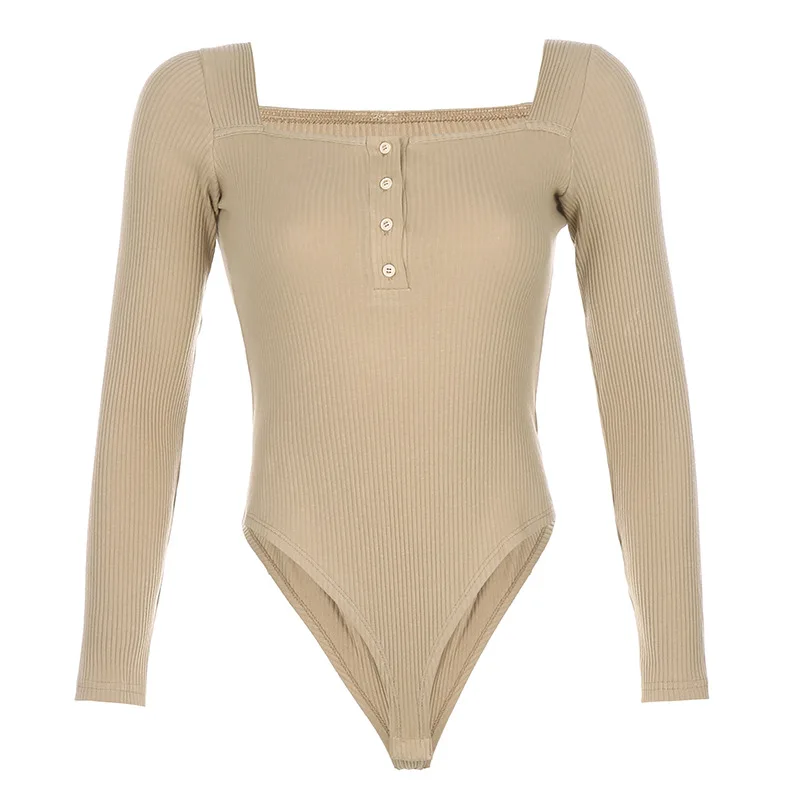 

Shestyle Square Neck Vintage Elegant Knitted Cotton Elastic Autumn Long Sleeve Khaki Button Texture Sexy Bodysuits Women Body