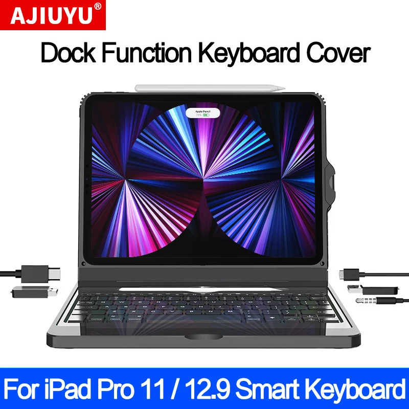 

For iPad Pro 11 2020 Case with Keyboard Backlit iPad Pro 12.9 2021 USB-C Hub 4K HDMI Pencil Holder Smart Magic Keyboard Cover