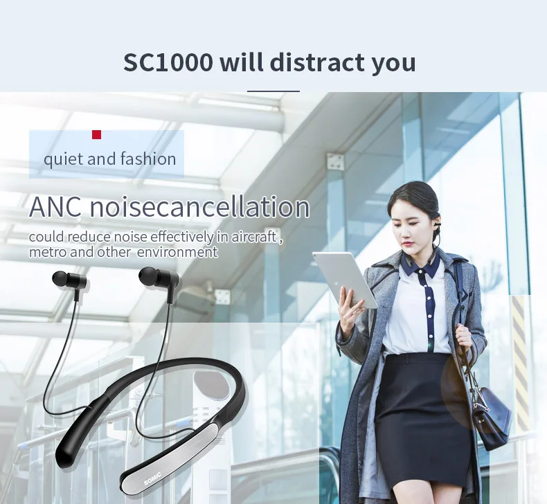 SOMiC SC1000 ANC активные Беспроводные наушники с шумоподавлением, Bluetooth спортивные наушники с шейным ремешком, музыкальные наушники, гарнитура с микрофонами
