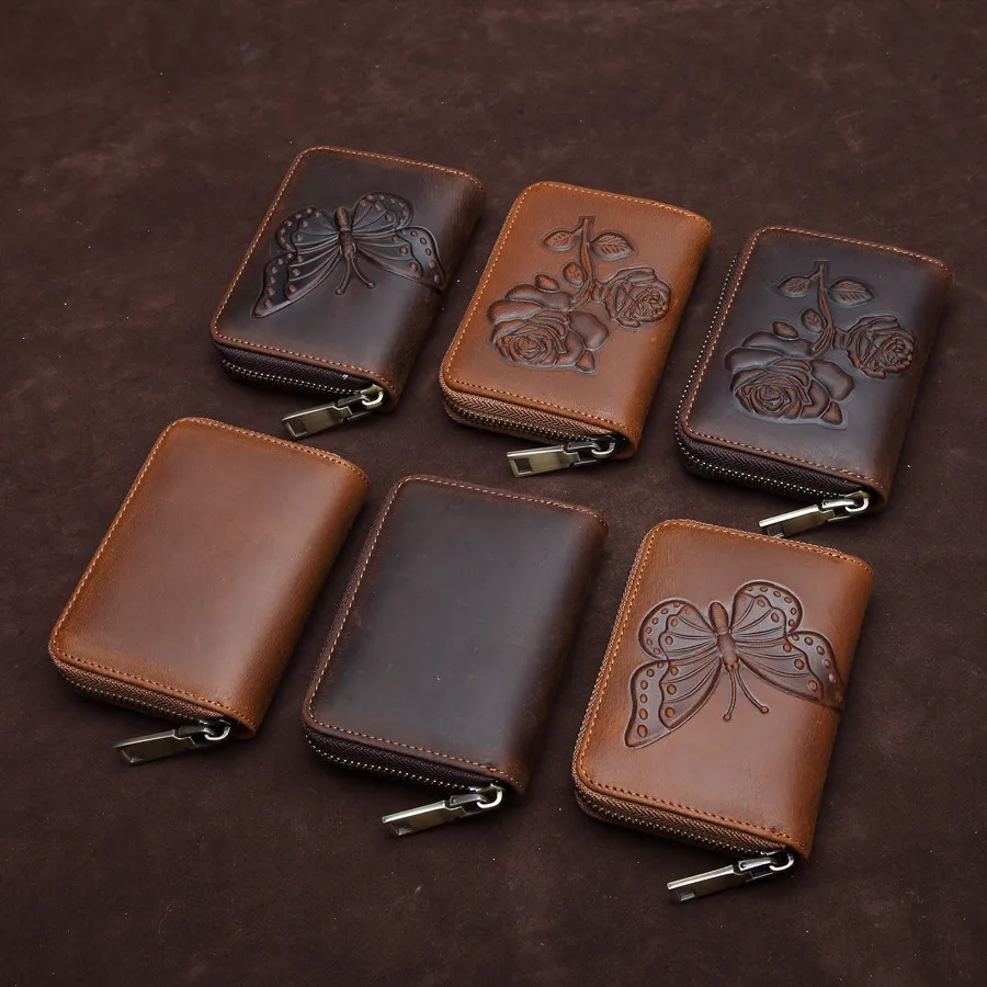 

Genuine Leather Card Holder Women Short Rfid Multi-card Wallet for Credit Cards Flower Rose Carving Cards Organizer Purse