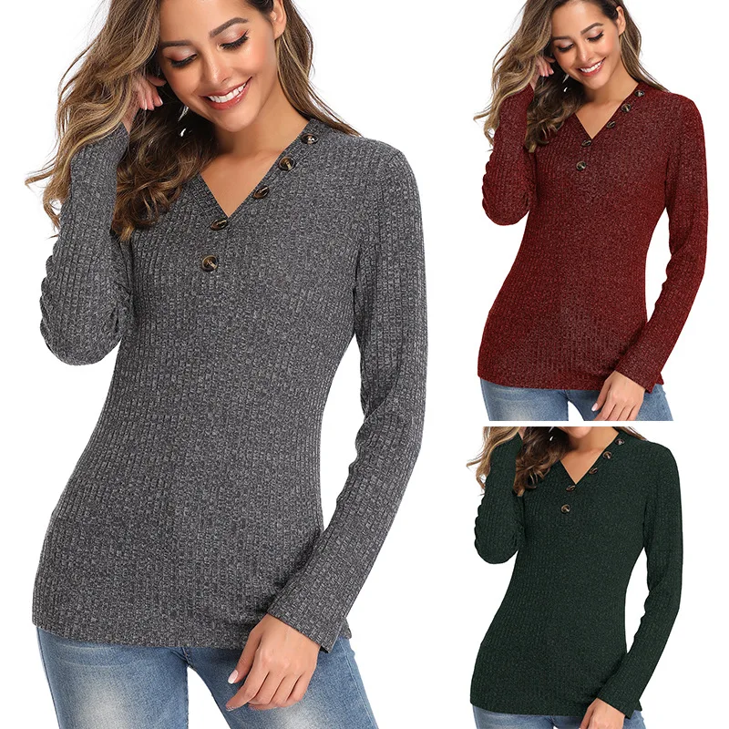 

Autumn Winter New V-Neck Button Sweater Coat Women's Fashion Long-Sleevedslim Solid Color Pullover Sweaters