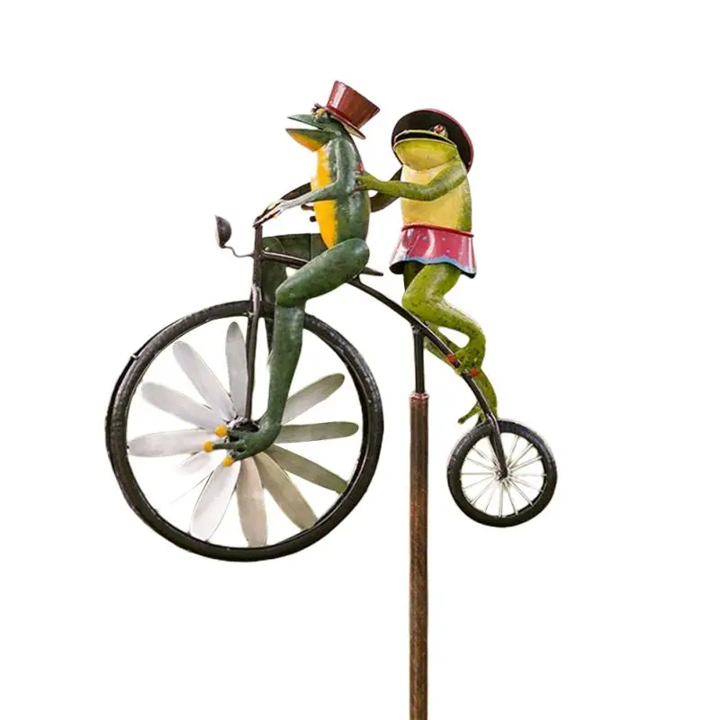 

2021 NEW Metal Hair Dryer Frog On Vintage Bicycle With Frog Decoration Hair Dryer Garden Courtyard Lawn Windmill Decoration