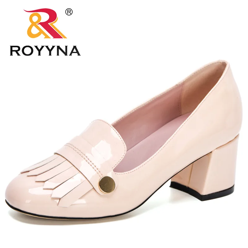 ROYYNA 2021 New Designers Patent Leather Dress Shoes Women Thick Heels Pumps Buckle Strap Ladies Shoes Zapatos Mujer Comfortable