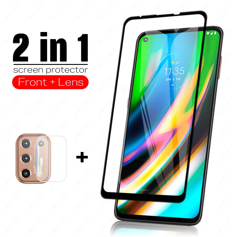 2в1 HD полное покрытие закаленное стекло для Moto G9 Plus Защитная пленка объектива