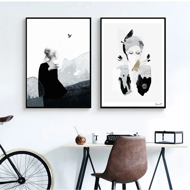 Скандинавский холст художественный принт и плакат девушка портрет на стену