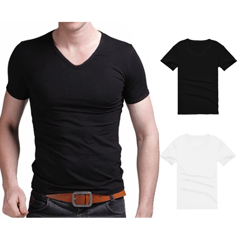 

Men's Summer T-Shirt Solid Black White Simple Tops Short K14 Sleeve V-Neck Korean Style Slim Fit Casual Tees Male