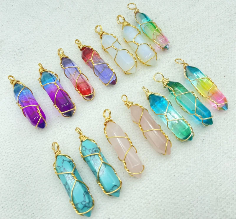 

Natural Gem stone Rose Quartz Crystal Turquoise Wire Winding Hexagonal Column Pendants For DIY Jewelry Making Necklaces 24Pcs