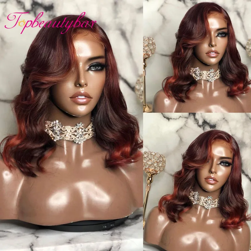 

Цветные темно-красные коричневые короткие волнистые волосы боб 13X 1 передние парики на сетке 180% бразильские парики на сетке Remy человеческие волосы парики для женщин