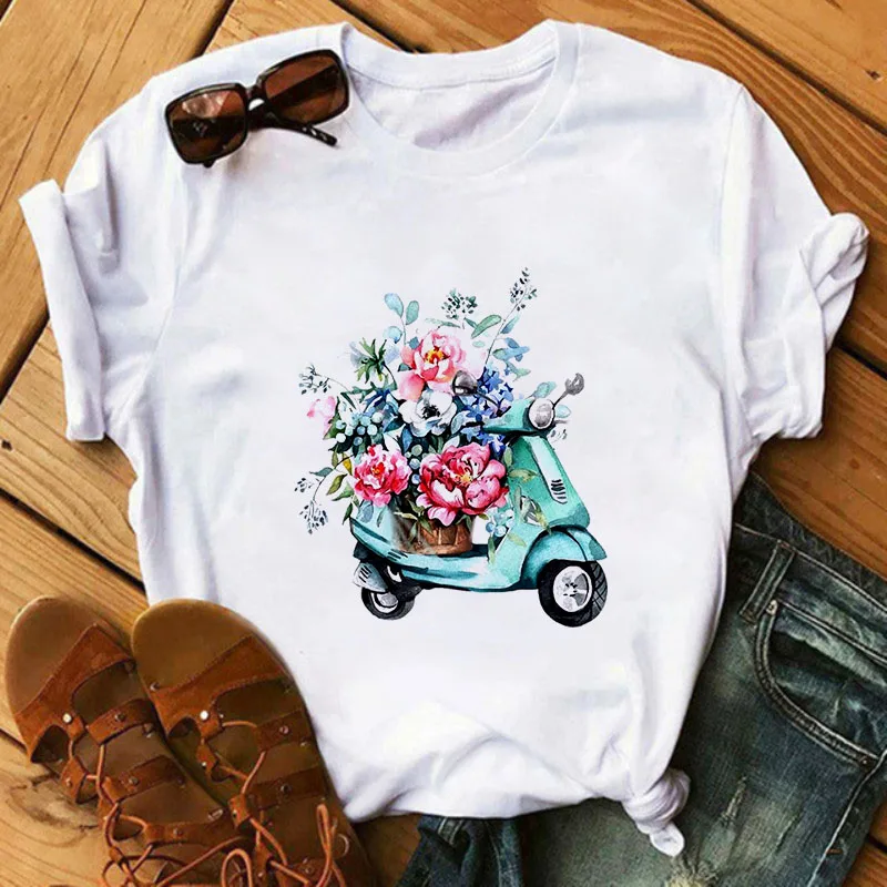 

Funny Cartoon Bicycle And Sunflower Female T-shirt Summer Harajuku Graphic T-shirt White Short Sleeve Female Tee