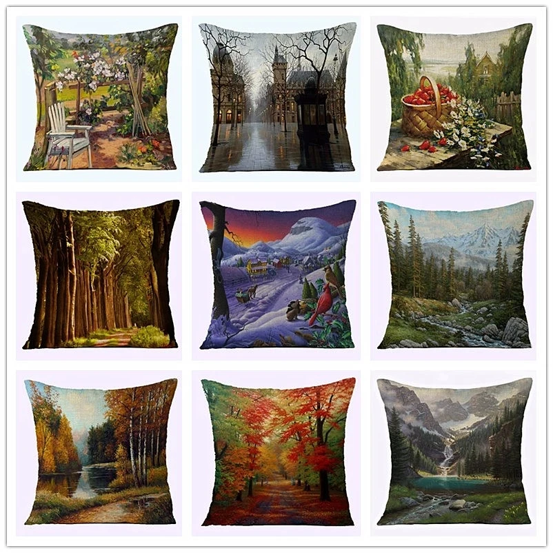 

Country Scenery Oil Painting Printing Cushion Cover Linen Cotton Living Room Garden Decoration Throw Pillow Case