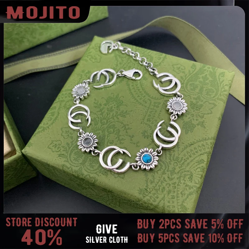 

S925 Sterling Silver New Daisy Flower Turquoise Malachite Gg Bracelet Women's Fashion Simple Original Luxury Brand Jewelry Gift