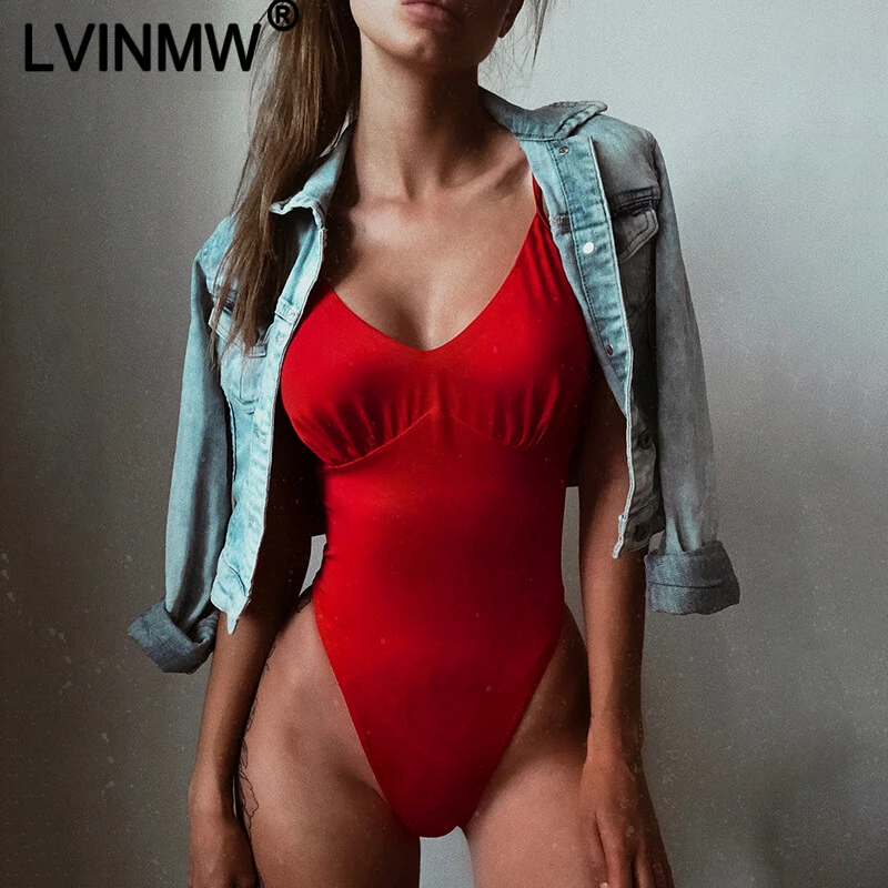 Женский комбинезон LVINMW красный облегающий боди на тонких бретельках с
