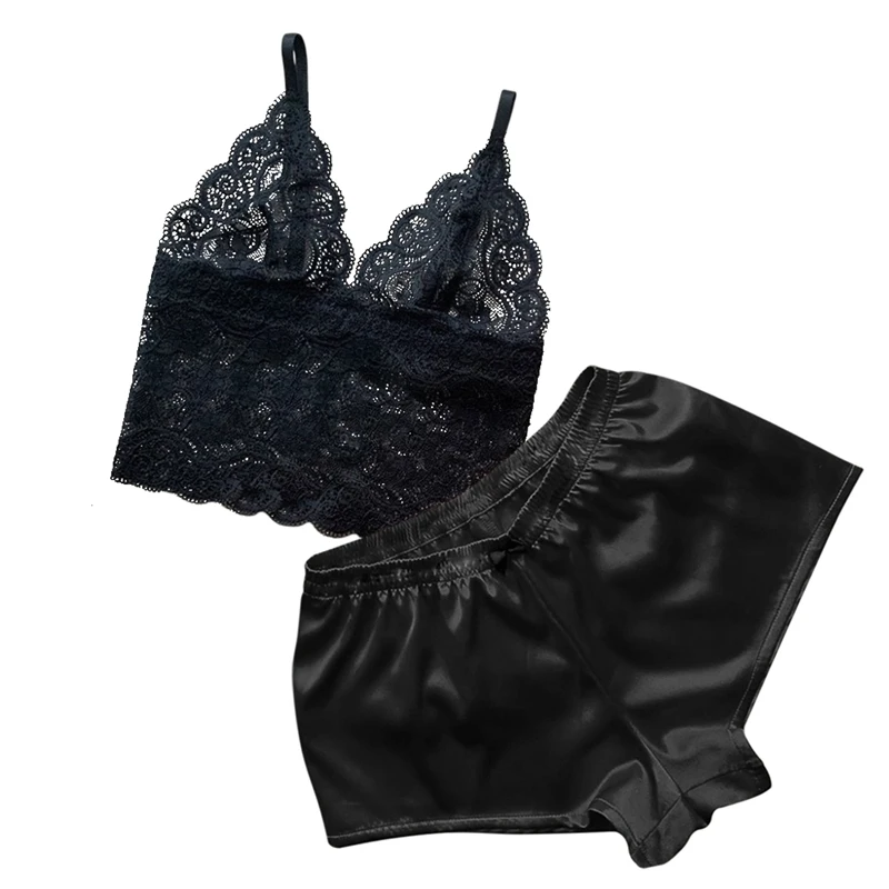 

2021 Women Sleep Wear Sexy Lingerie Satin Lace Camisole Shorts Set Sleepwear Pajamas Women Sexy Clothes Homewear 2 Piece Set
