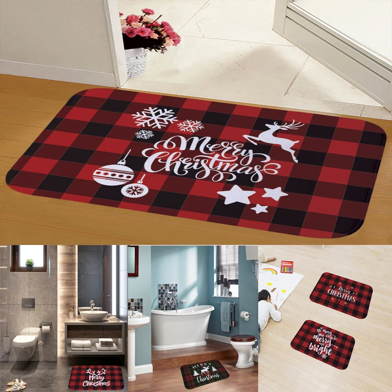 

40*60cm Christmas Red And Green Plaid Design Flannel Doormat For Home Bathroom Kitchen Anti-slip Floor Mat Xmas Party Home Decor