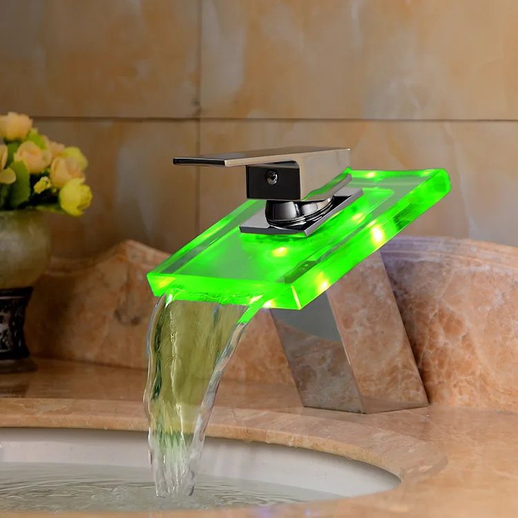 

LED Basin Faucet Brass Waterfall Temperature Colors Change Bathroom Mixer Tap Deck Mounted Wash Sink Glass Taps